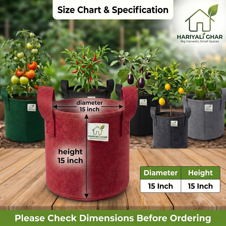 Image of 400 GSM Geo Fabric Round Grow Bags 15x15 Inch with Handle, Red Planting Bags for Terrace and Kitchen Gardening Pack of 3