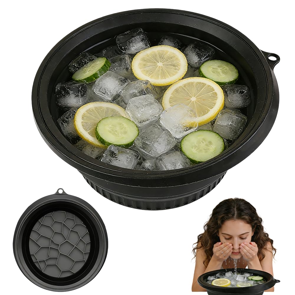 XEERUN Silicone Ice Face Bowl, Foldable Face Bowl for Ice with Built-in Icetray, Quick Cooling Facial Washing Basin for Soothe Skin & Puffiness Relief, Portable for Home Travel Use, Black