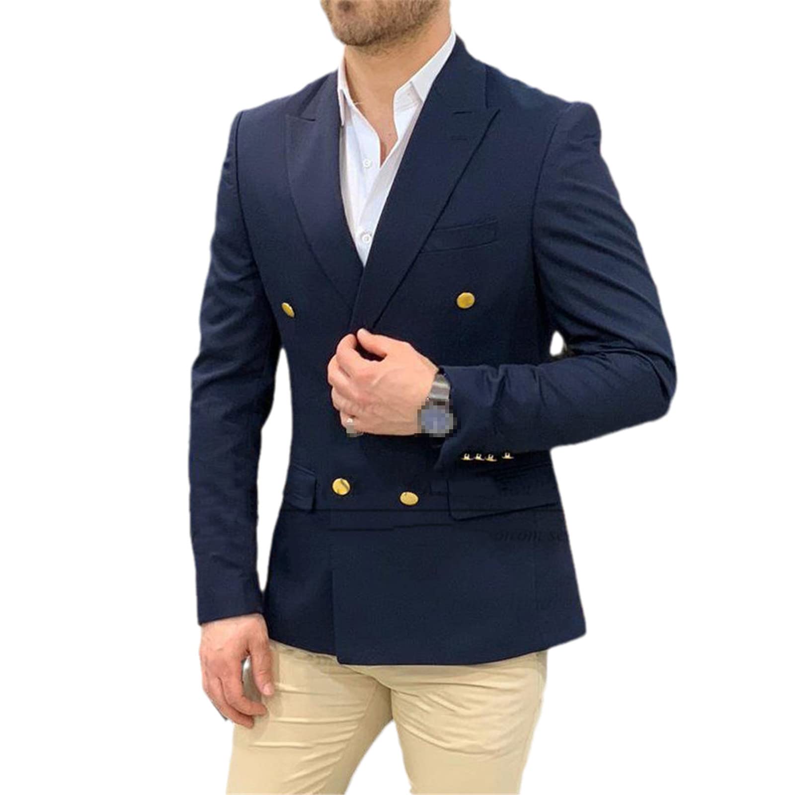 Navy Blu Wedding Blazer Uomo Gentleman Giacca Bottoni Oro Casual Slim Fit Doppio Petto Affari Cappotto