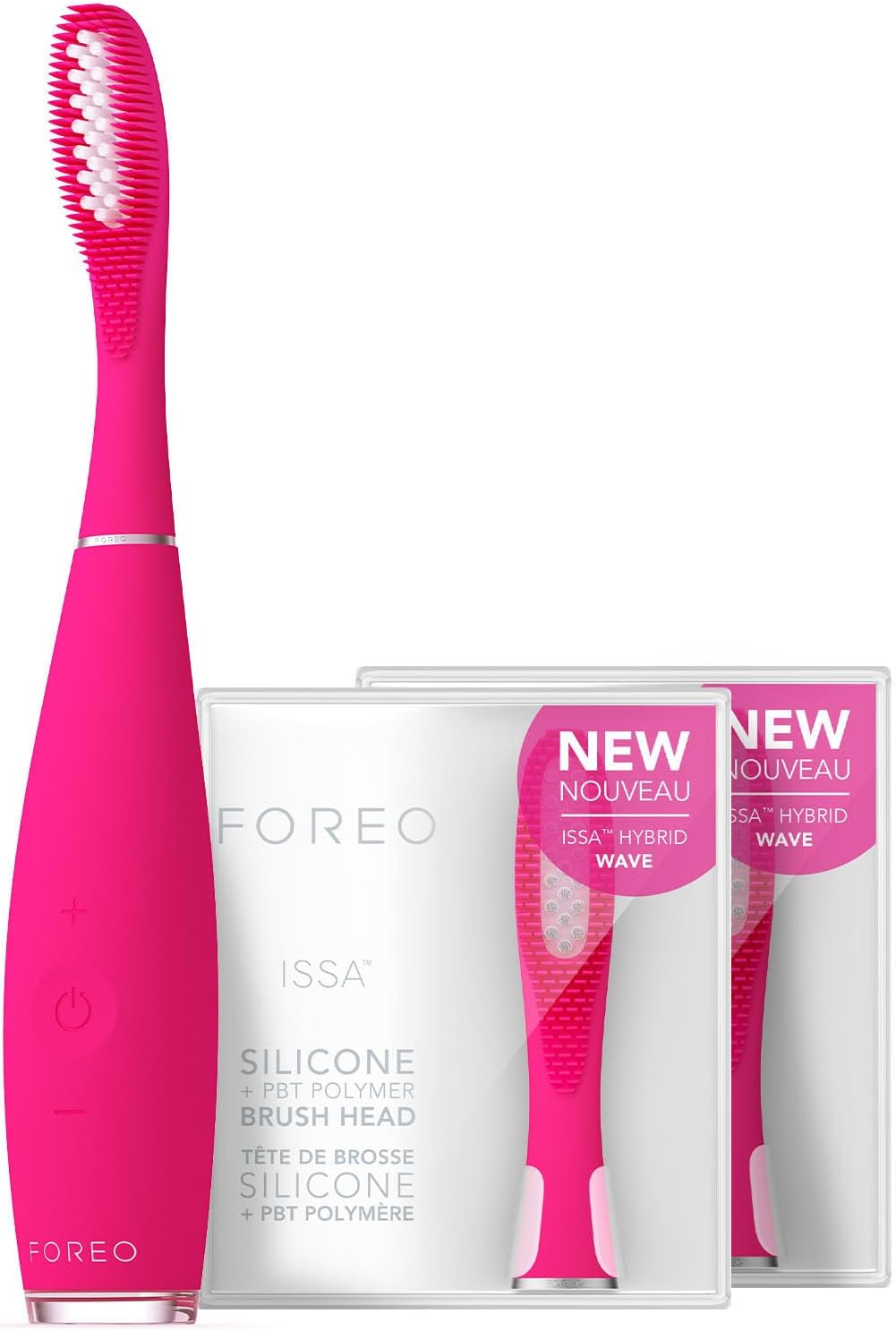 FOREOISSA 3 Bundle - Ultra-Hygienic 4-in-1 Silicone Sonic Electric Toothbrush + 2 x ISSA Hybrid Wave Brush Head - White Teeth, Clean Gums, Cheeks & Tongue, Soft Toothbrush - Fuchsia