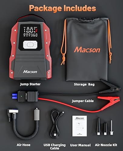 Miniatura 9 de Arrancador de salto de 5000 A con compresor de aire, batería portátil de 12 V para motores diésel de 9.0 L/8.0 L, arrancador de coche portátil con