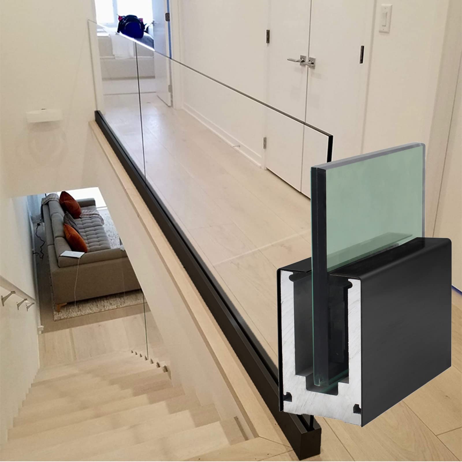 LZMZMQBlack Balustrade Base Rail Indoor Outdoor, 12-17mm Panels Loft Railing Fencing Clamp System, for Rooftop Mall Channel Hotel, Aluminium Clear View (Color : Black, Size : Long 0.2m(8in))