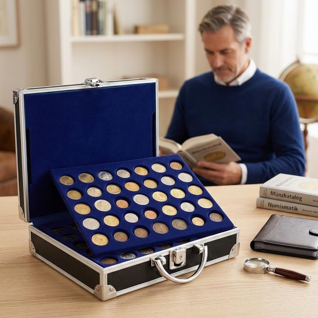 SAFE 9801 Valigia porta monete collezione in alluminio | con 6 vassoi per 200 monete di diverse dimensioni | Per 2 euro commemorativi, monete euro da collezione