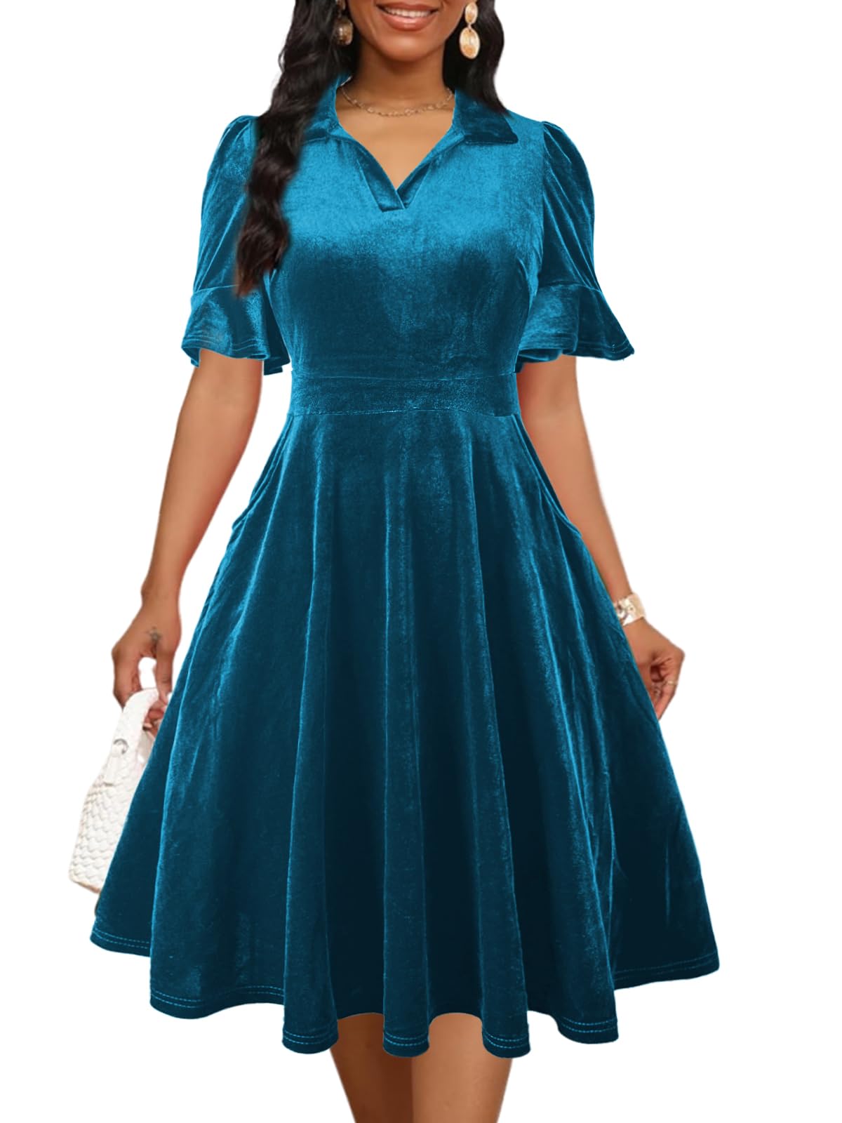 Mokayee Womens Summer Ruffle Sleeve Collared V Neck Fit and Flare Elegant A line Swing Dresses with Pockets
