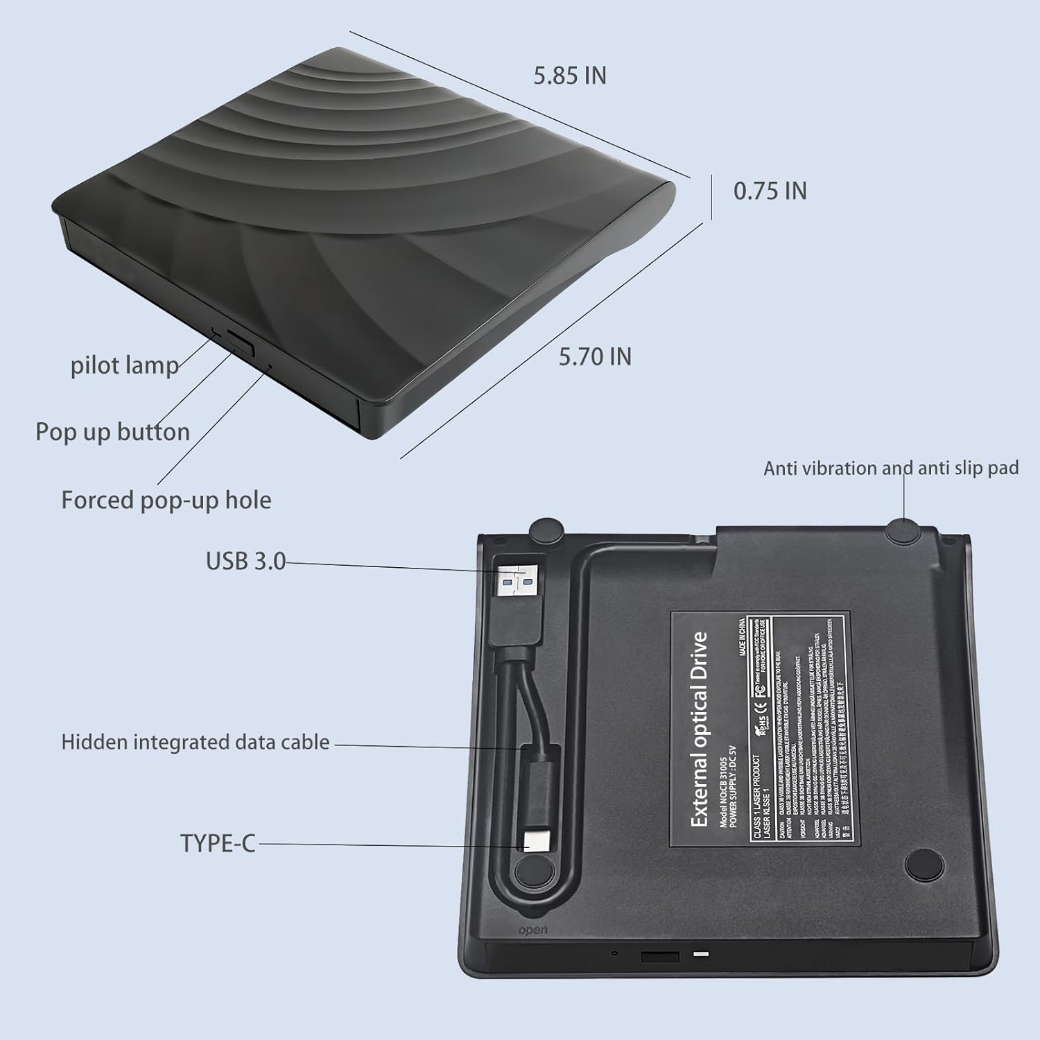 External Blu-ray Drive USB 3.0 Type-C DVD Drive 3D Portable Bluray Drives for Pc Laptop CD DVD Burner and BD Reader Plug & Play Blu-ray Player Compatible with Windows XP/7/8/10/11, Linux, macOS