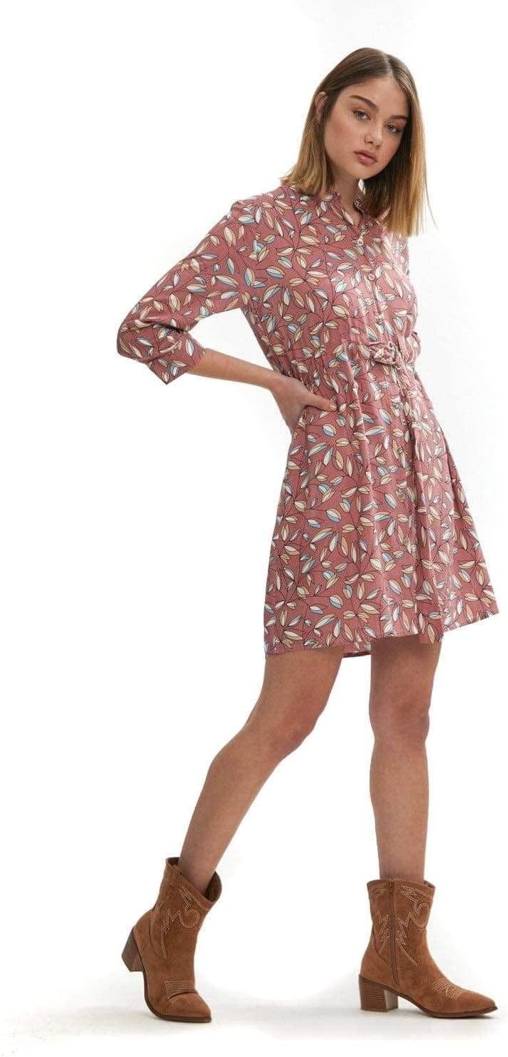 Shuuk Romantic Shirt Dress with D-Ring Belt 3/4 Sleeves & Silver Button Closure