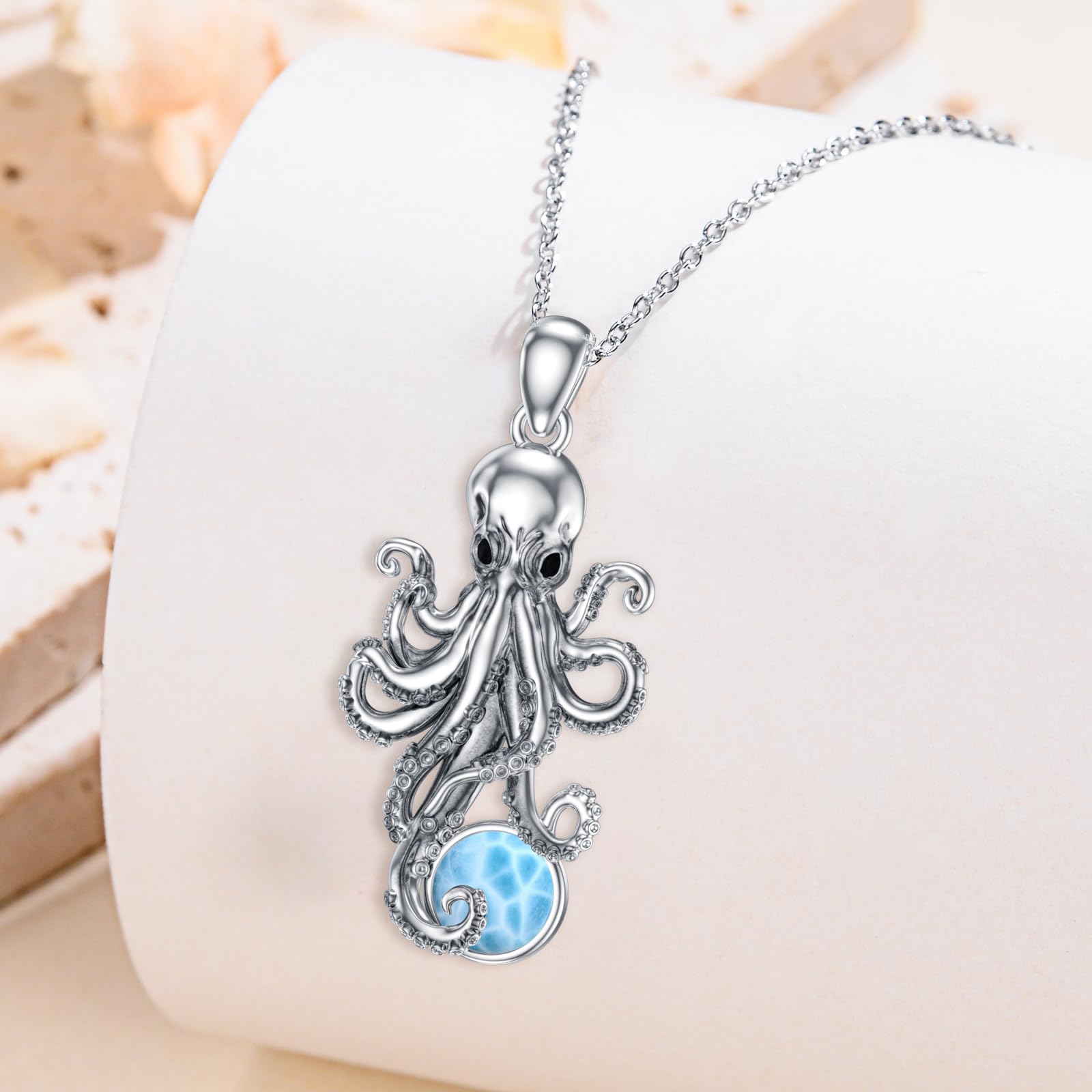 Oktopus-Halskette für Frauen 925 Sterling Silber Natürlicher Larimar Oktopus-Anhänger Halskette Meeres-Tier-Schmuck Geschenke für Mama und Ehefrau