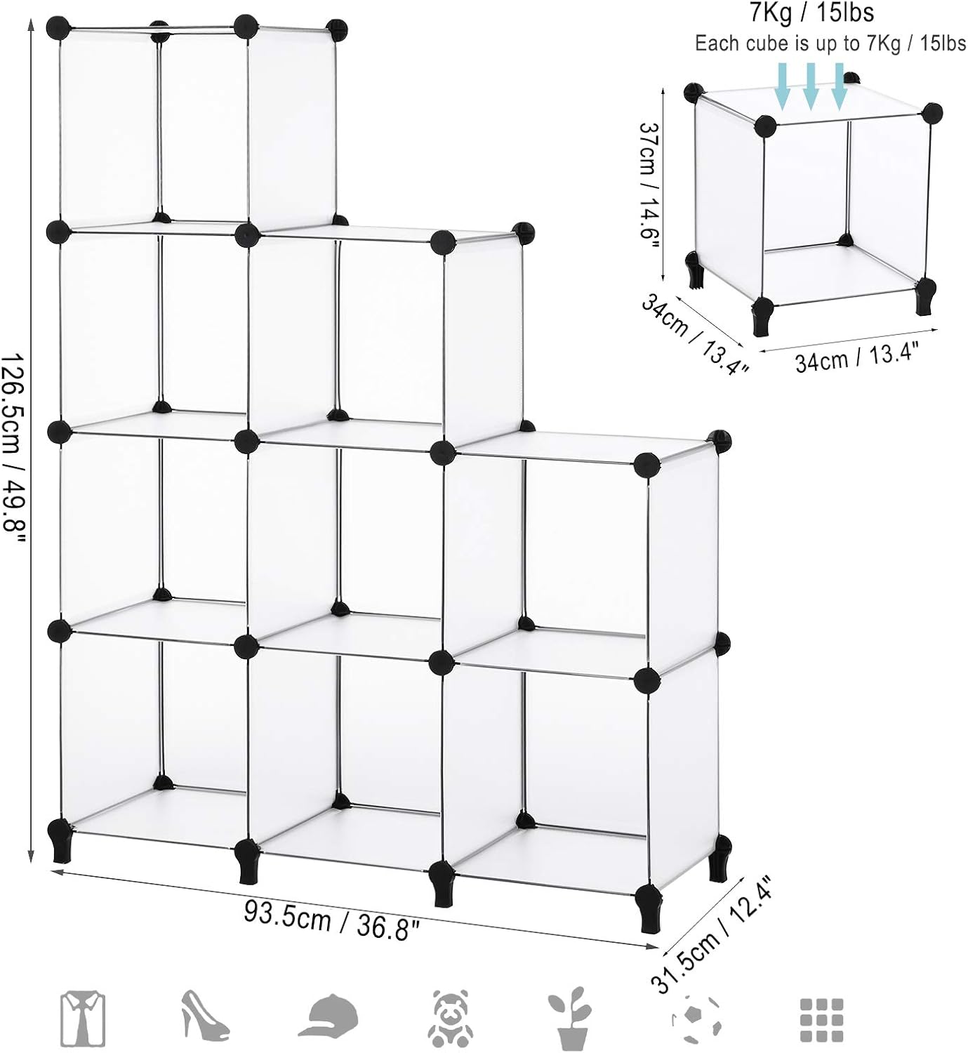 Dimensions of the ANWBROAD 9-cube storage organizer and individual cube capacity.