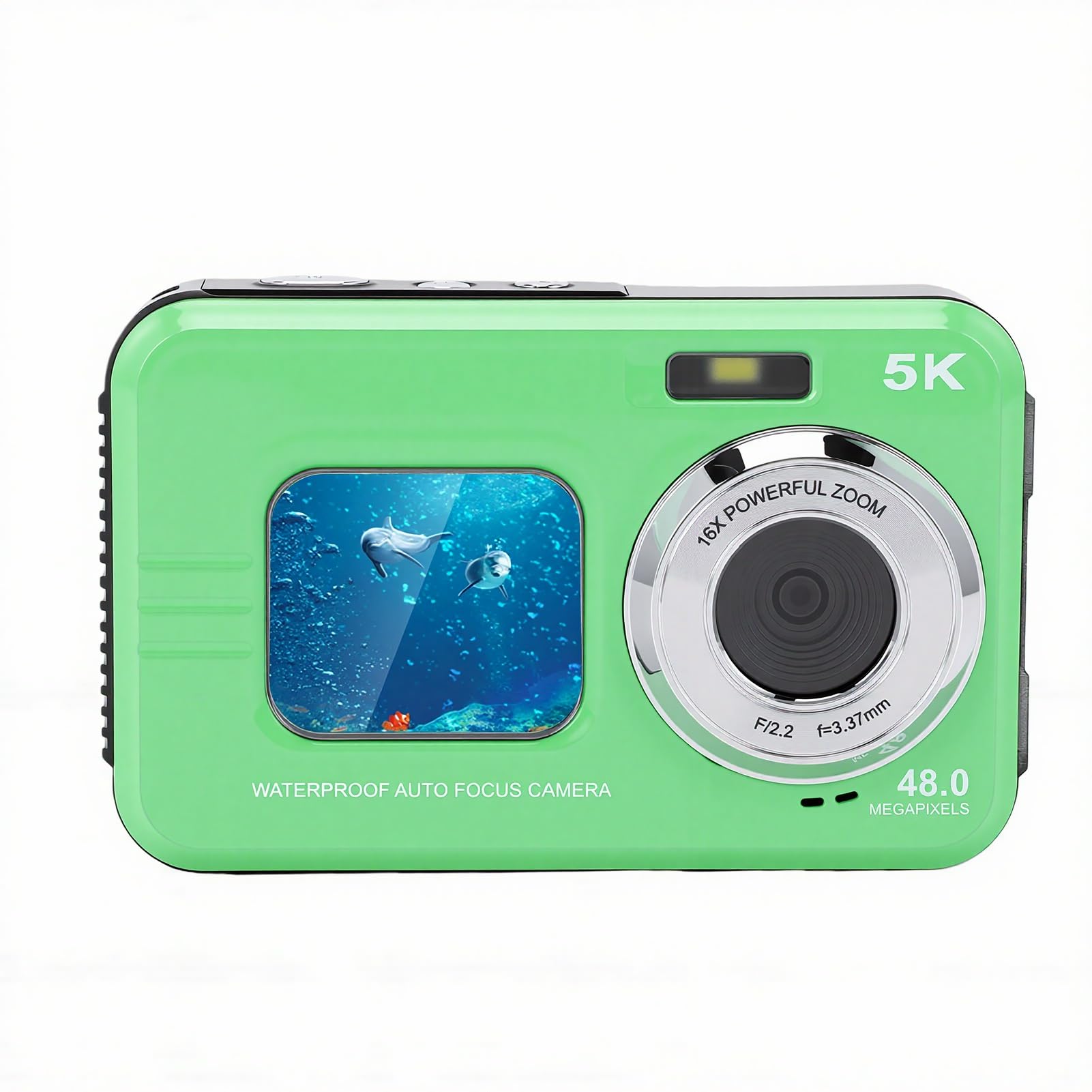 Fabater Cámara Subacuática, Cámara Digital Impermeable 5K 48MP 11.5FT con Tarjeta de 32GB, Enfoque Automático, Pantalla Dual Selfie, Zoom Digital 16X, Luz de Relleno para Snorkel (Green)