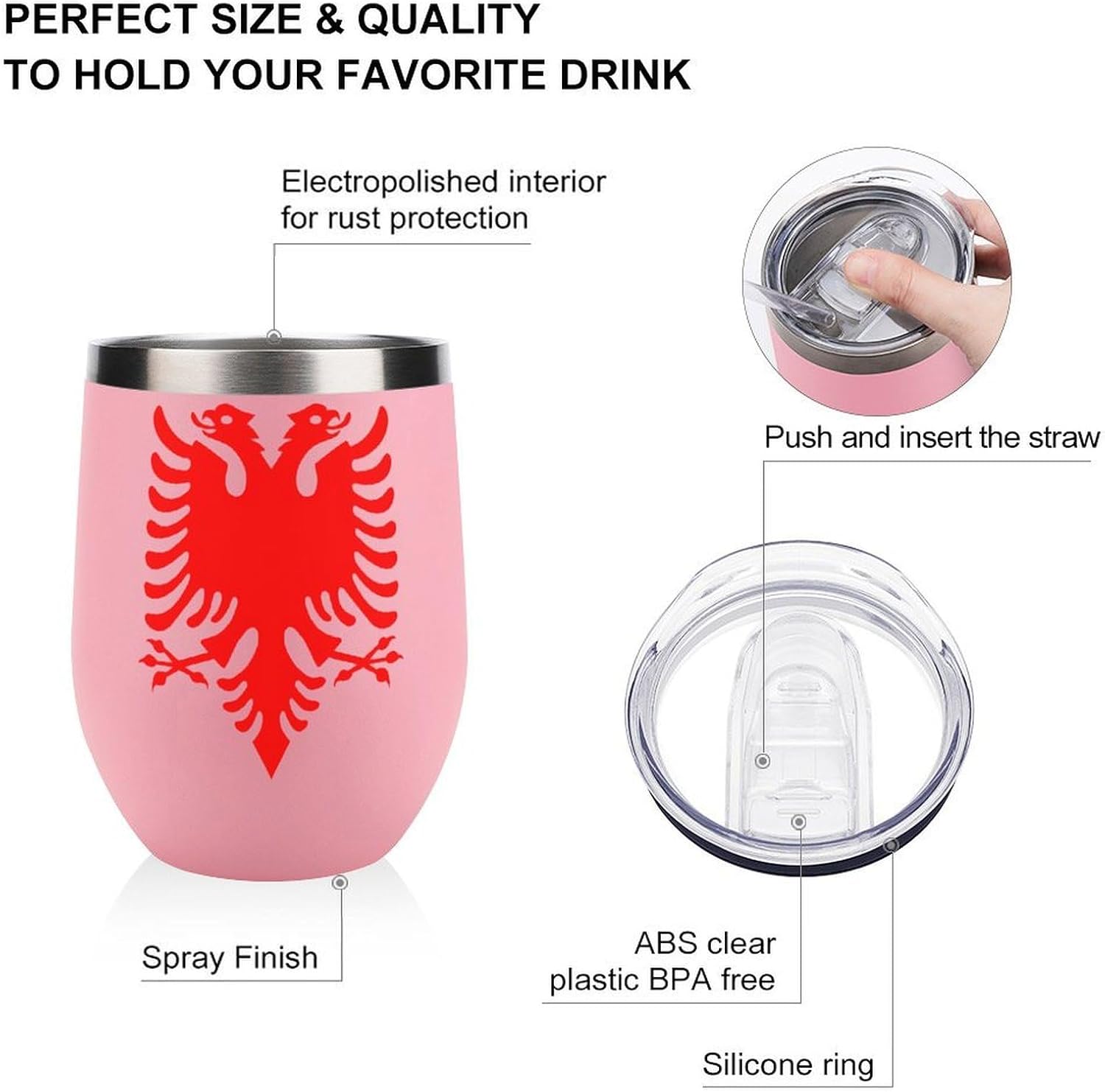 Albania Albanian Eagle1 Insulated Drinking Cup Stainless Steel Coffee Mug Wine Tumbler with Lid 12OZ