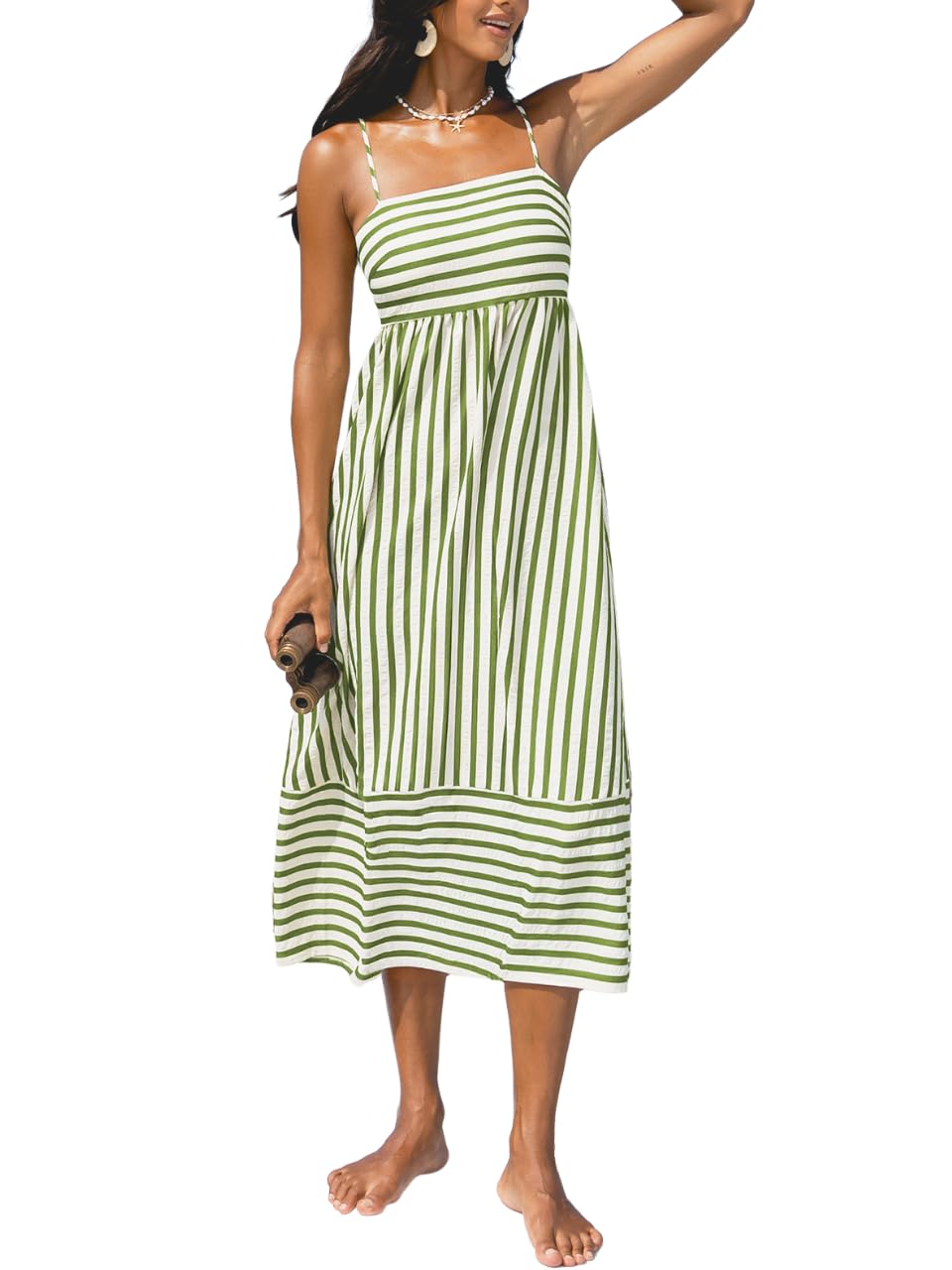 CUPSHE Vestido largo de verano para mujer, a rayas, sin mangas, cuello cuadrado, espalda descubierta, tirantes, casual, playa, 2026