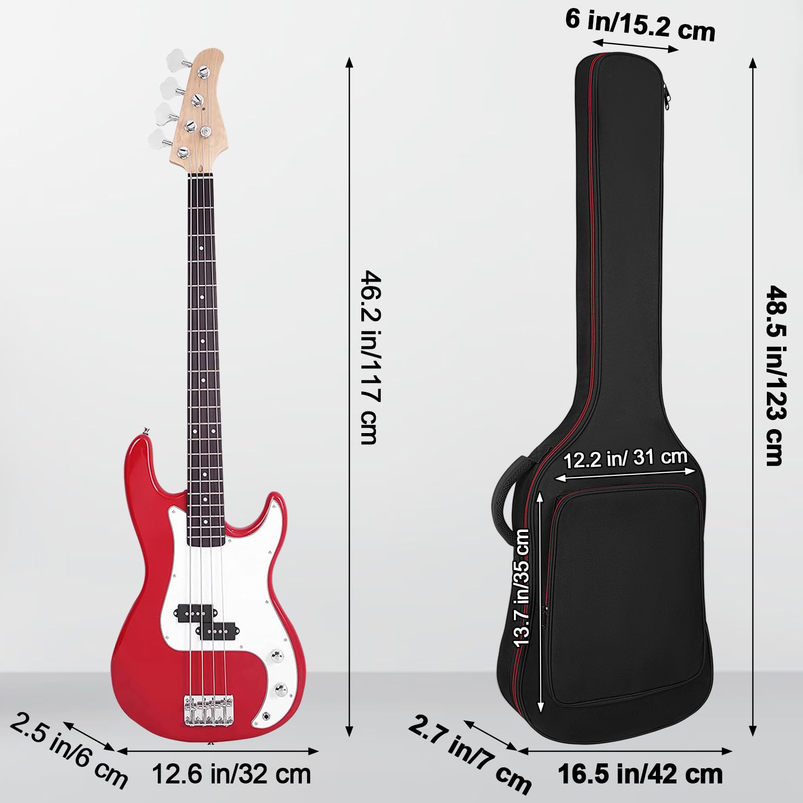 Sac à dos pour guitare basse avec rembourrage de 10 mm - Étanche - Avec sangle de protection du cou et bandoulière réglable - Noir, Noir , Bass Guitar Bag-Red Zipper