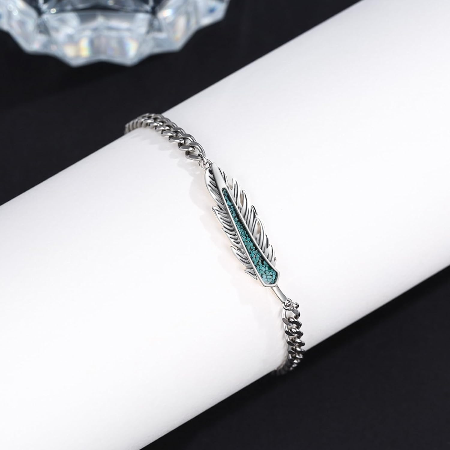 Feather Bracelet 925 Sterling Silver Turquoise Native American Jewelry for Men and Women