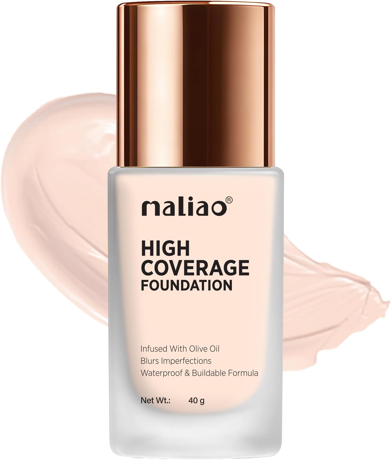 Maliao High Coverage Waterproof Base Foundation | Long-Lasting Full Coverage | Flawless All-Day Glam | Matte Finish | Sweat & Oil Resistant | Lightweight & Breathable Formula | White Ivory, 40ml