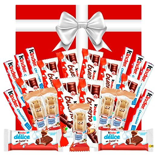 Caja de Bombones de Chocolate Color Rojo con Lazo Blanco. Incluye Kinder Bueno/Delice/Happy Hippo/ Barritas de Chocolate. Regalo Original de Cumpleaños