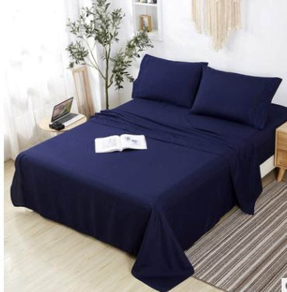 Drap plat bleu profond en coton supérieur pour lit King et Queen size