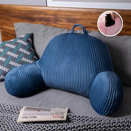 Almohada de lectura para sentarse en la cama, almohada de franela para sentarse con brazos y bolsillos y funda lavable, soporte de espalda suave