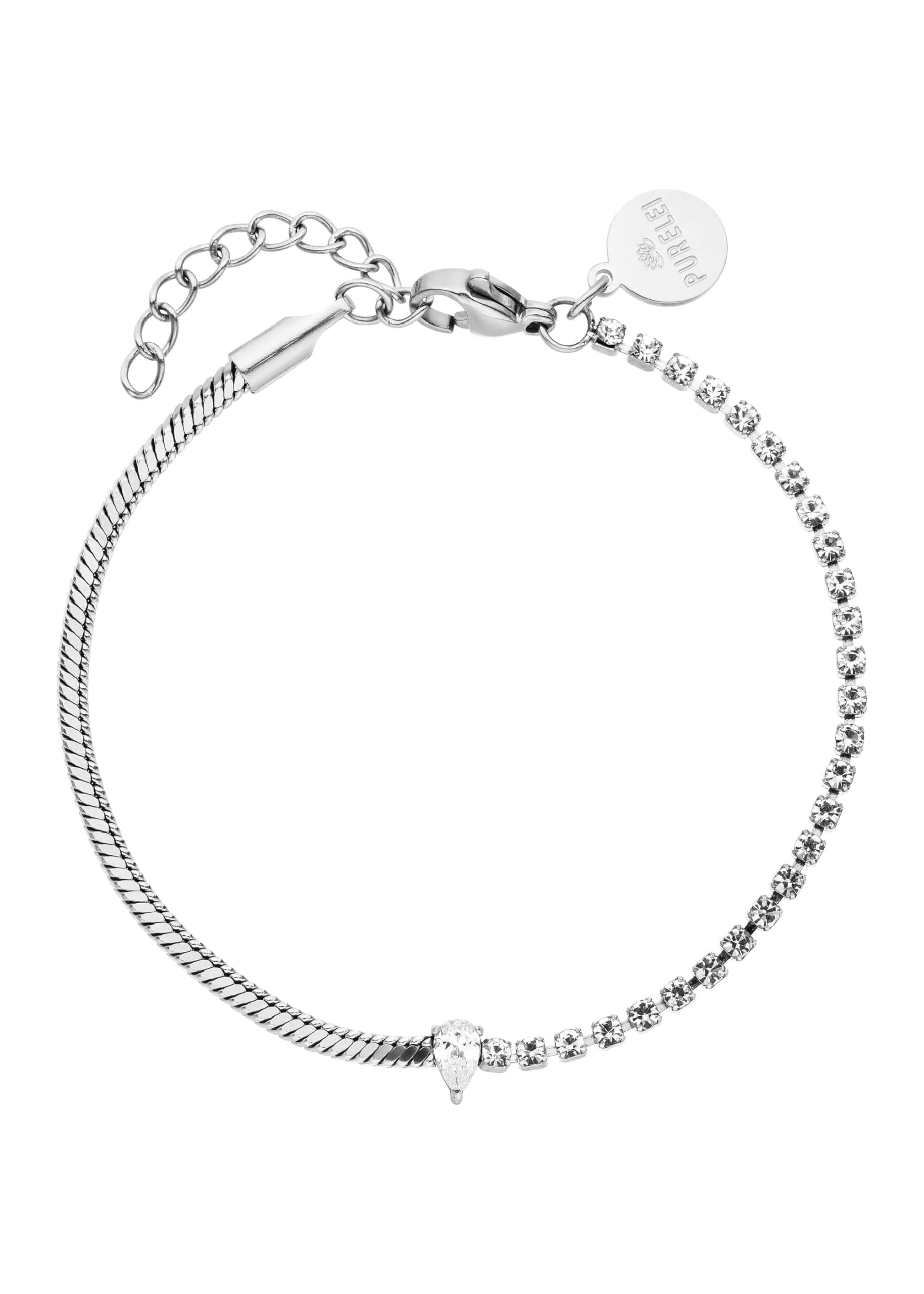Purelei Fusion Armband – Zweigeteiltes Design mit Zirkonia-Tenniskette & Schlangenkette – Edelstahl vergoldet – Weißer Tropfenstein – Verstellbar 16–20 cm – Gold/Silber/Roségold (Gold
