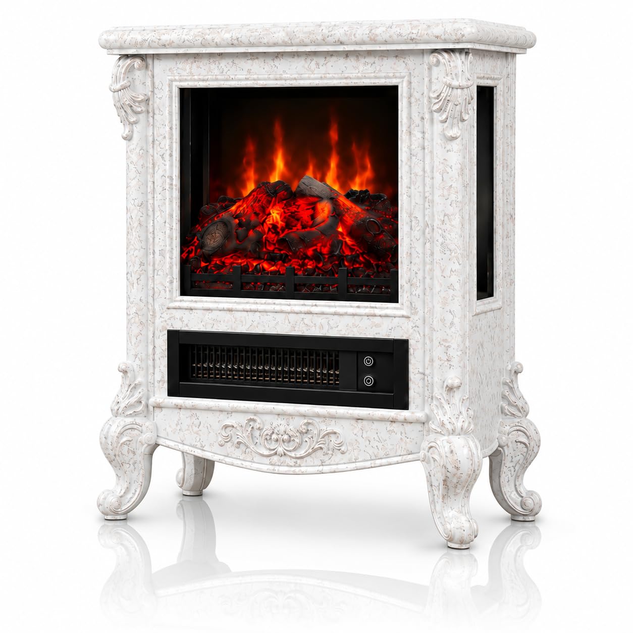 FESTIVITY 18" Electric Stove Fireplace, 1500W Thermostat with 5100 BTU Heat Output, Adjustable Flame &amp; Brightness Levels, Portable Electric Fireplace for Bedroom &amp; Living Room-White Marble