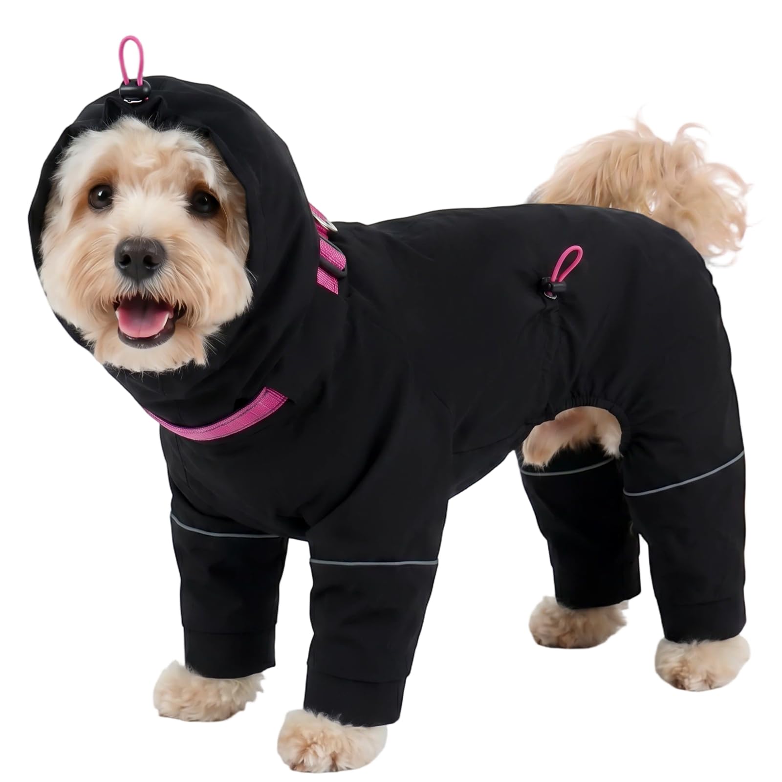 Kuoser Dog Waterproof Jacket with 4 Legs Dog Raincoats with Hood, Black S