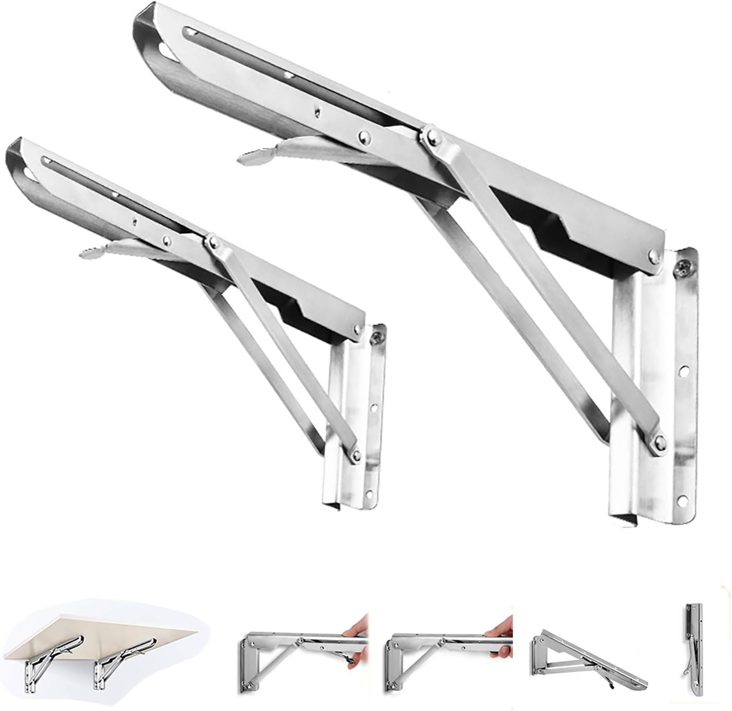 2 pieces, foldable stainless steel shelf brackets, heavy-duty wall floating shelf bracket, open shelving support brackets, easy to install, maximum load 80kg (176 lbs), saving space,390mm/15.4 in