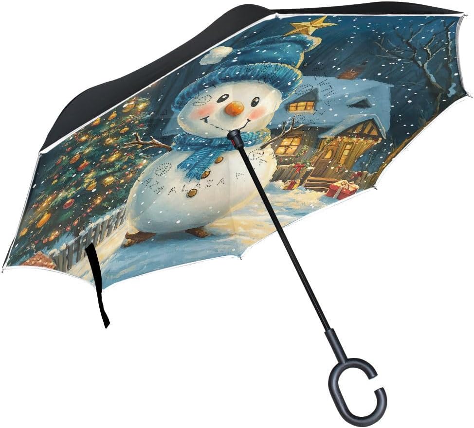 Snowman Christmas Town Winter Inverted Reverse Umbrella with C-shaped Handle Windproof Upside Down Umbrellas for Rain Double Layer Hands Free Umbrella for Men Women 202b6759