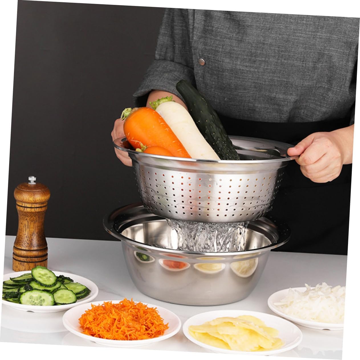 Mobestech 3-Piece Stainless Steel Multi-Function Vegetable Slicer and Draining Basin Set Kitchen Grater Strainer for Easy Food Preparation Suitable for Cooking and Baking