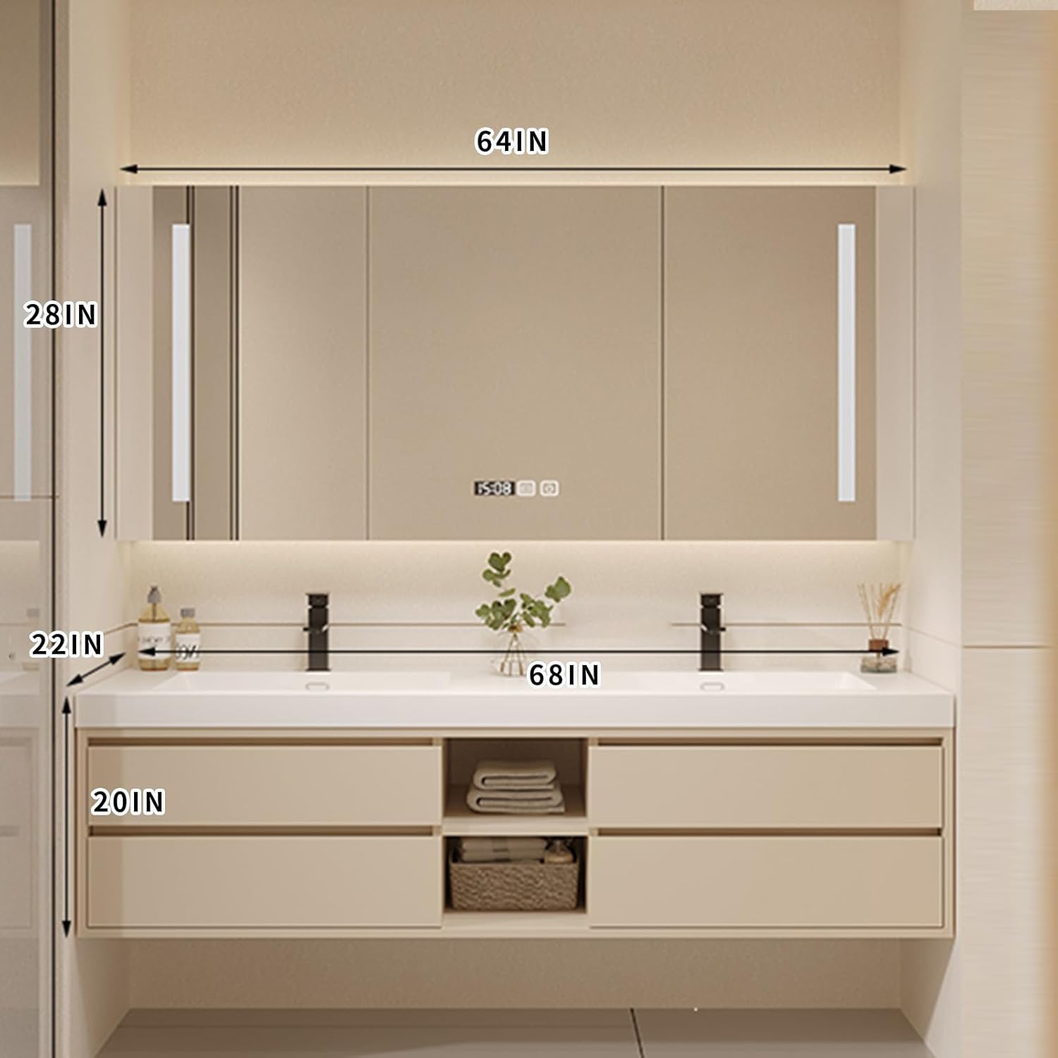 Double Bathroom Sink Vanity - Wall Mounted Double Vanity with Smart Defog Mirror ? LED Light, Solid Wood Off White Bathroom Sink Cabinet with Abundant Storage Space (68'')
