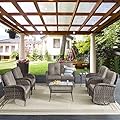 Belord 7 Piece Outdoor Patio Wicker Furniture Sets with Swivel Rocker Chairs, Rattan Loveseat Conversation Sets for Patio Deck Backyard Poolside, Grey Cushion