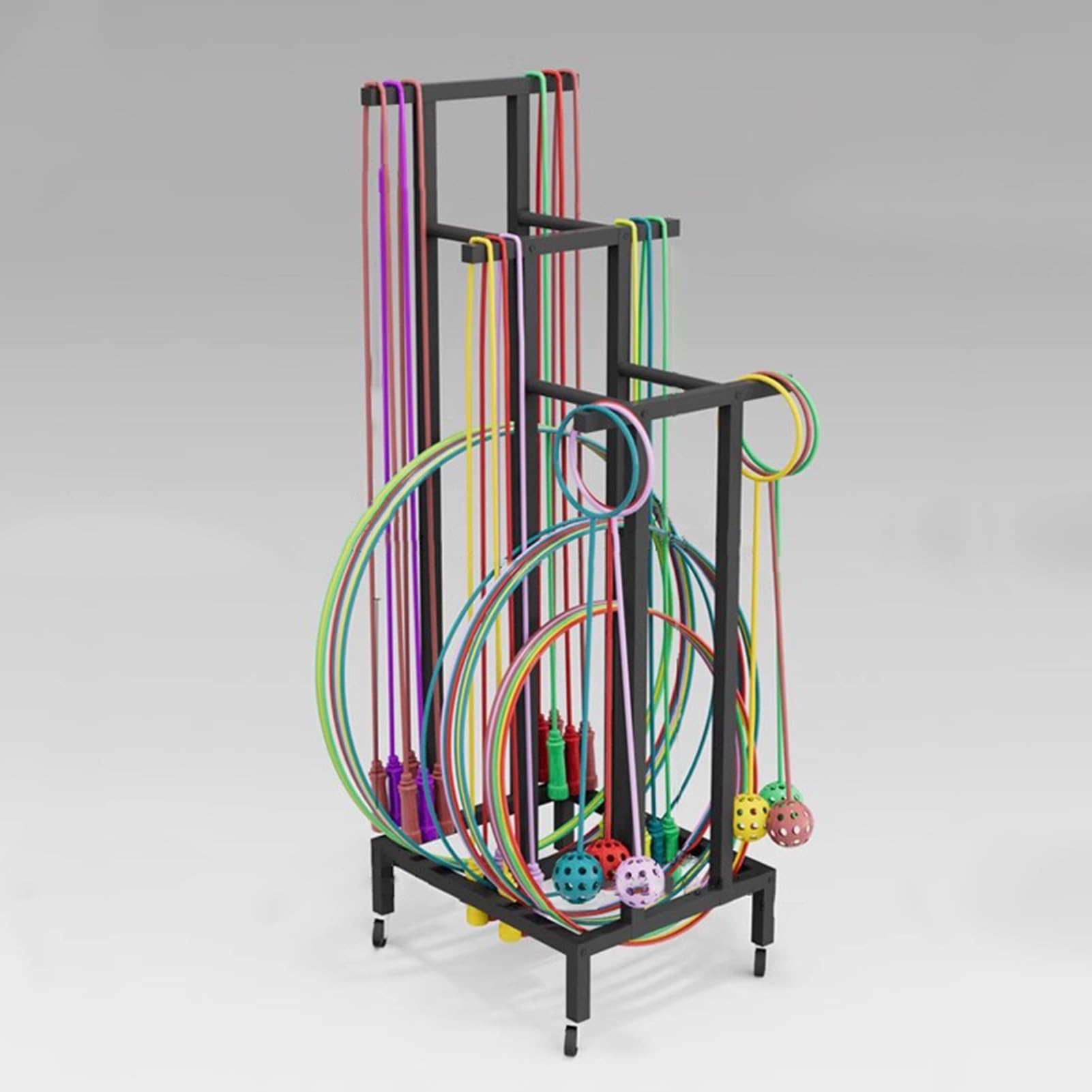 ZIMGOD Freestanding Hula Hoop and Jump Rope Holder Stand, Moveable Fitness Hoop Storage Cart, Sport Equipment Organizer Shelves, Playground Garage Gym Shelf