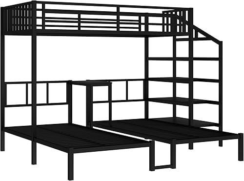 Miniatura 13 de Litera en forma de L individual sobre cama matrimonial adjunta, litera triple de metal con escritorio y tobogán integrados, marco de literas de