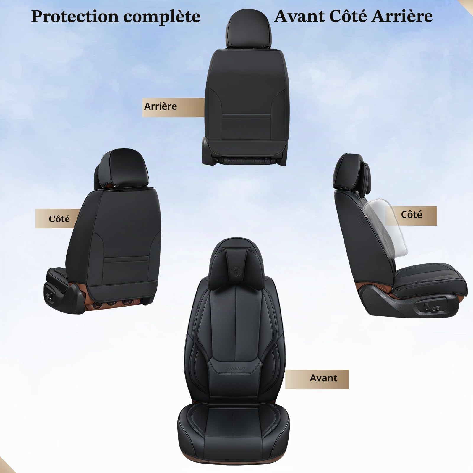 Coverado Housses de siège avec Appui-tête de Voiture Avant et Arrière | 5 pièces Protecteurs de siège Auto en Cuir Nappa imperméables, Universel pour la Plupart des camionnettes SUV berlines