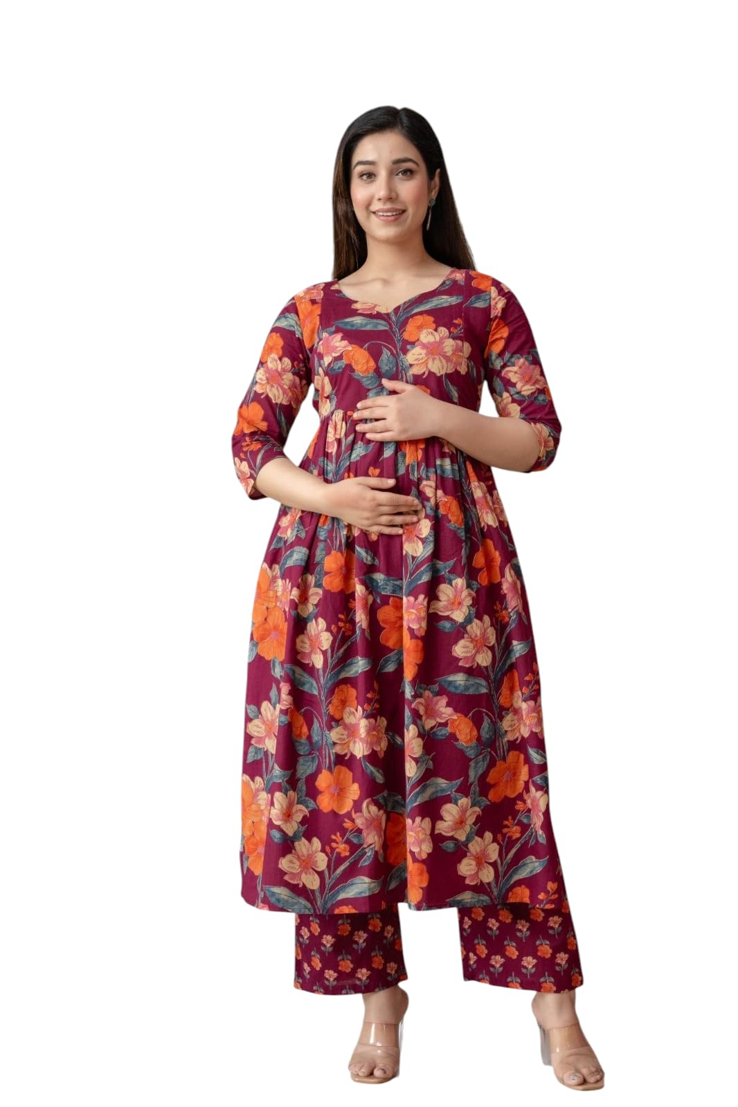 HENAL INC Cotton Maternity Kurta Palazzo Set for Women | Feeding Zip Access | Soft & Stylish Floral Pregnancy & Nursing Ethnic Wear (Wine Color)