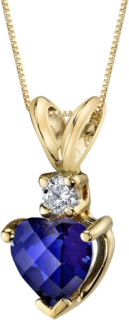 PEORA 14K Yellow Gold Created Blue Sapphire with Genuine Diamond Pendant for Women, AAA Grade Heart Shape Solitaire, 6mm, 1.20 Carats total, Sparkling Blue Sapphire Jewelry,