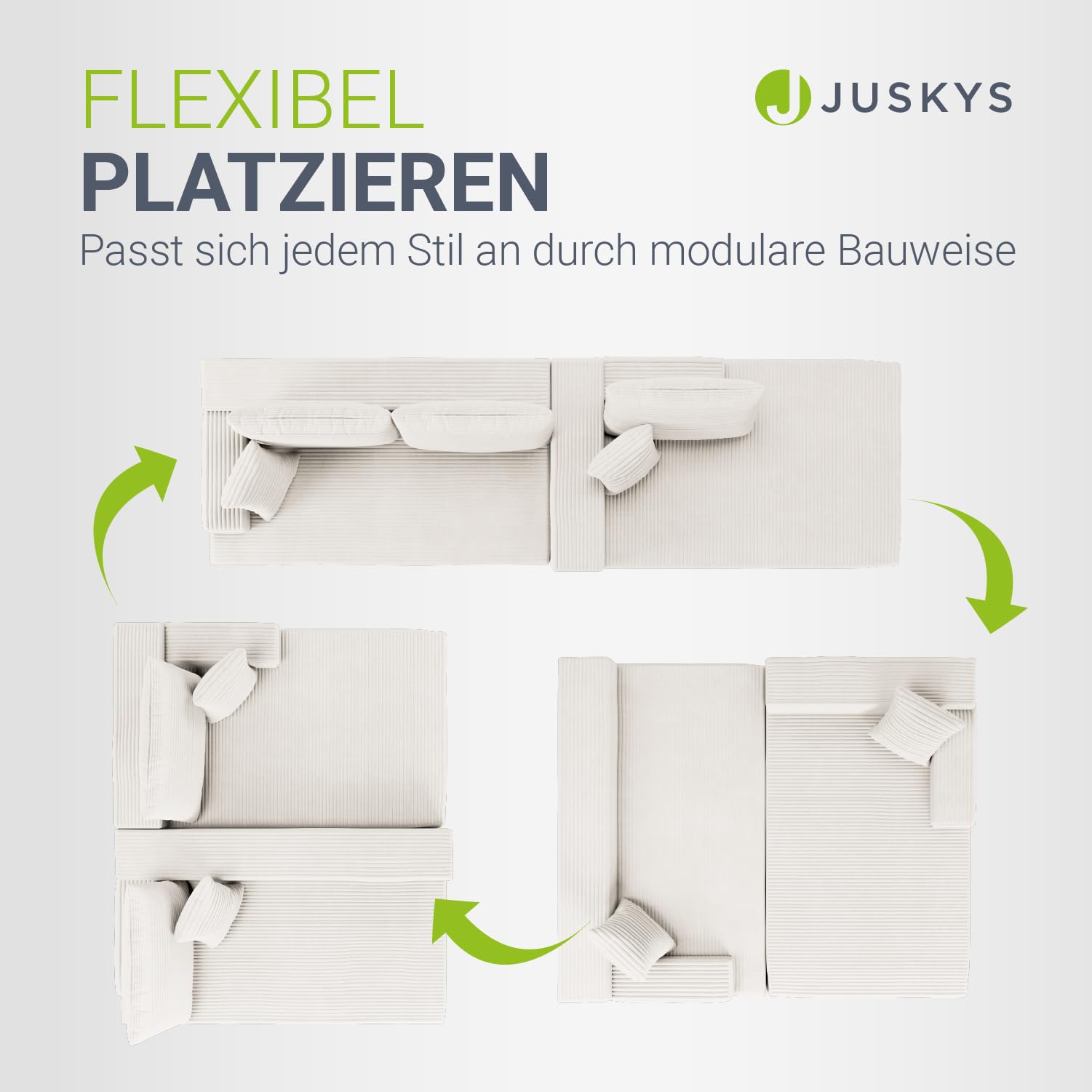 Juskys Sofa Coredo - modernes Cord Sofa mit Ottomane rechts, gemütliche Couch mit Schaumstoffpolsterung, Cordbezug & Kissen, modular - Creme