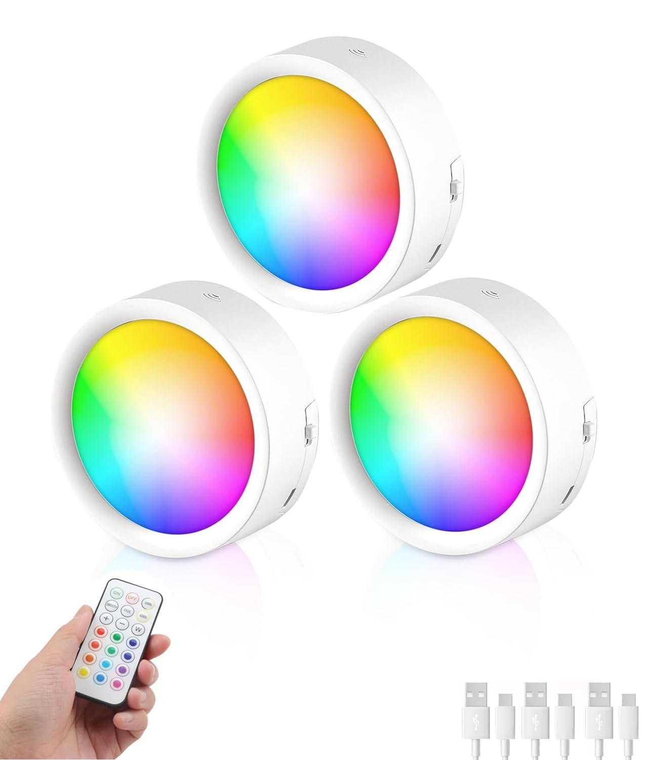 Luci a disco ricaricabili con telecomando, 13 colori cangianti, dimmerabili, luci a spinta, luci a LED senza fili, per armadio, camera da letto, armadio e aula, confezione da 3