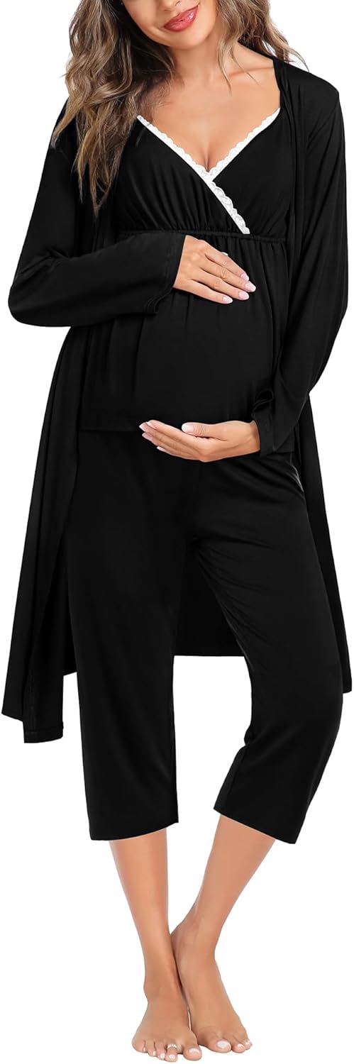 SWOMOG Maternity Nursing Robe Set 3 Piece Breastfeeding Pajamas 3 in 1 Labor Delivery Sleevless Tops&Long Pants Pregnancy Pjs