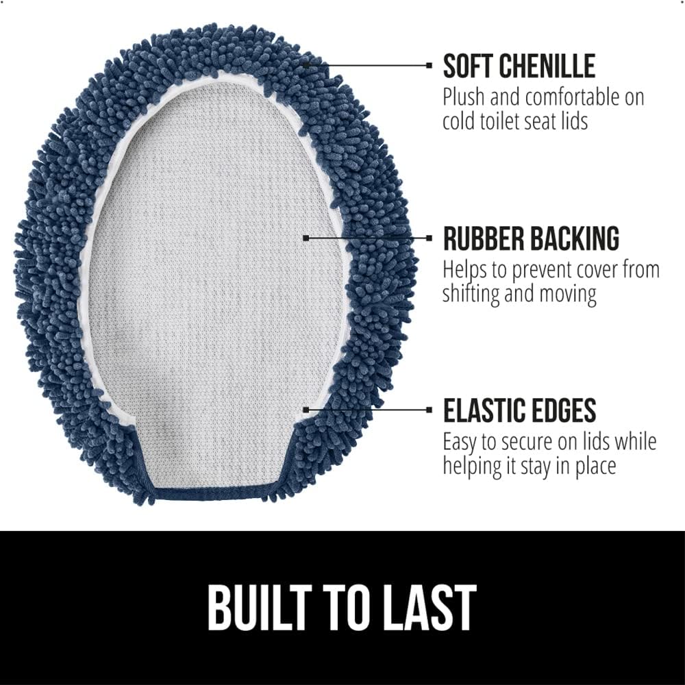 GORILLA GRIP Soft Chenille Bathroom Toilet Lid Cover, Machine Washable Seat Covers, 19.5x18.5, Stays in Place Rubber Backing, Fits Most Round, Elongated and Oblong Lids, Accessories Decor, Navy Blue
