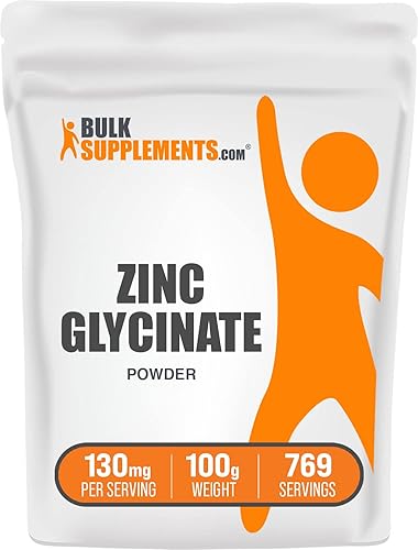 BulkSupplements. com - Polvo de glicinato de zinc - Suplemento de zinc para apoyo inmunológico y de la piel - Sin gluten, sin soja - 130 mg (40 mg