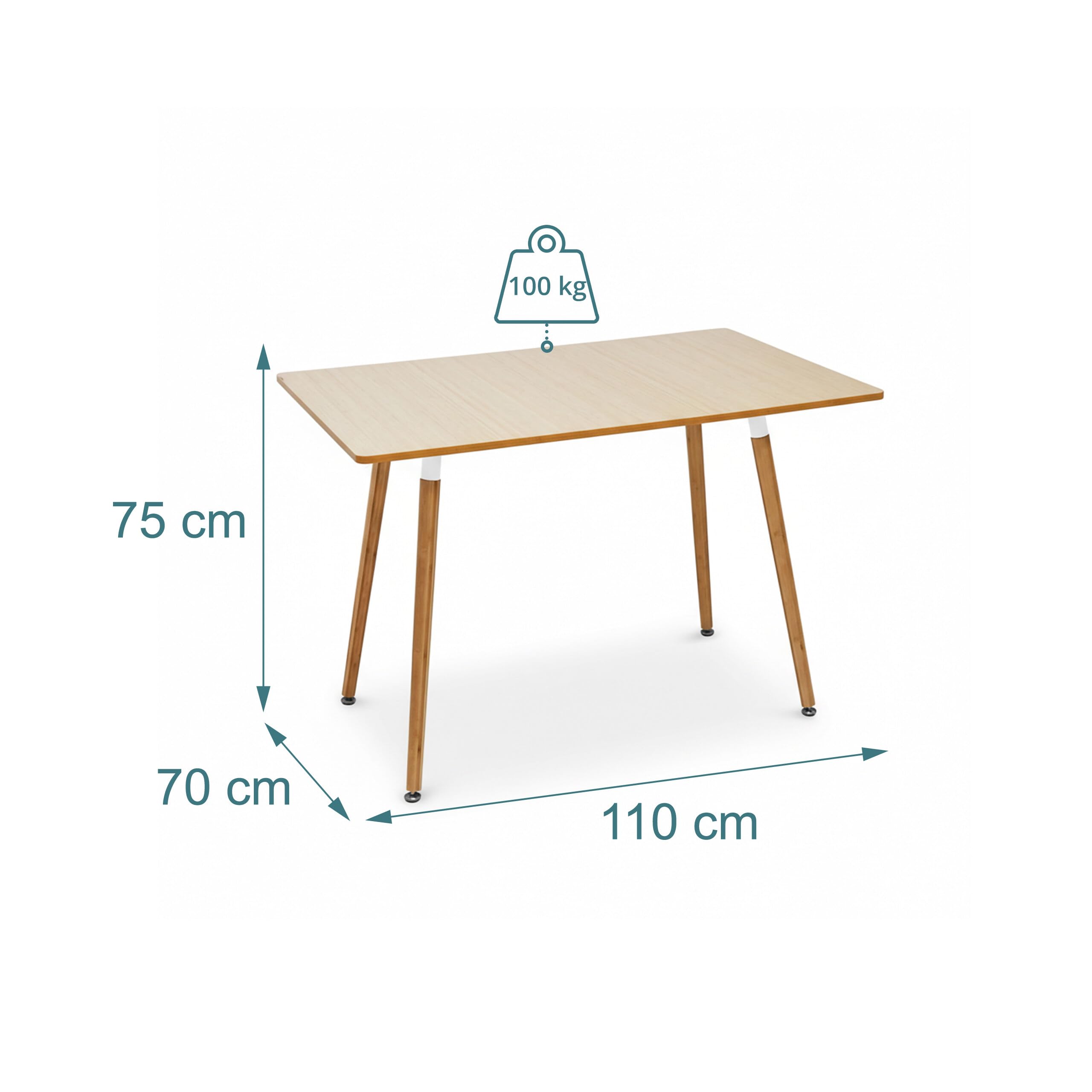 Relaxdays Table à Manger rectangulaire en MDF et Bambou, 4 pers., scandinave, Naturel, 75 x 110 x 70 cm