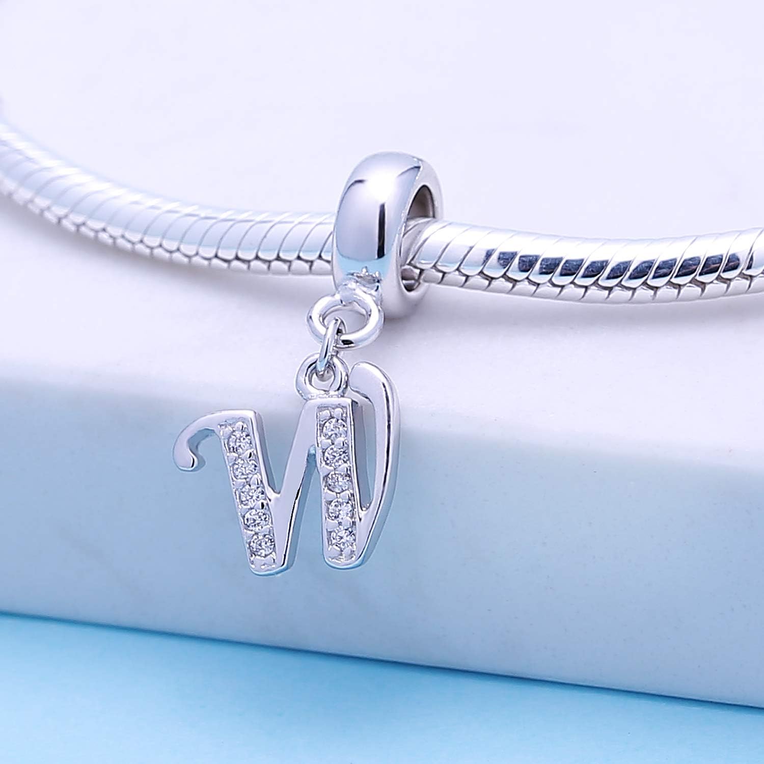 925 Sterling Silver Charms Alphabet Beads fit Pandora Charm Bracelets A-Z Letter Initial Spacer Dangle Clear CZ Stone Authentic for Snake Chain Bracelets - Image 2