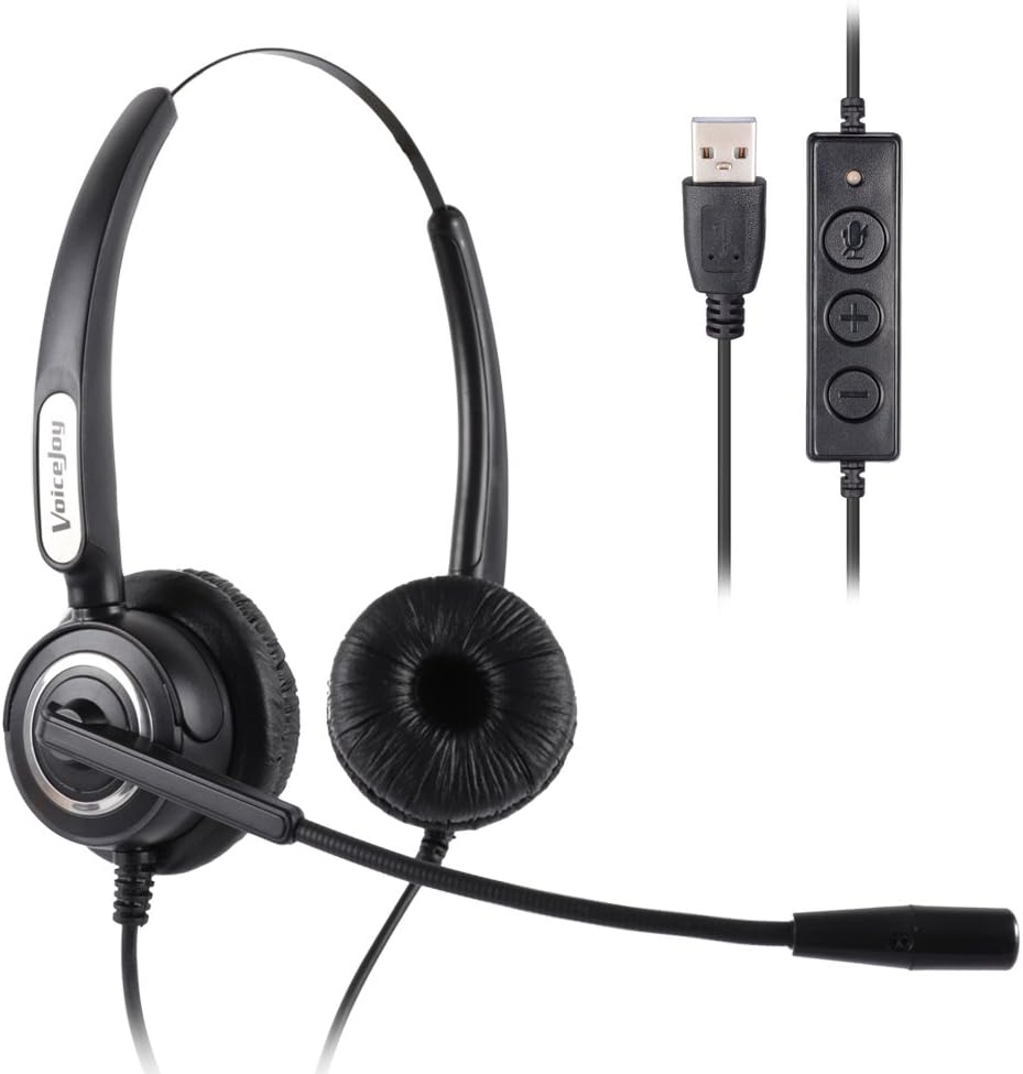 VoiceJoy Call Center Noise Cancelling Corded Binaural Headset Headphone with Mic Microphone with USB Plug for Computer and Laptop, Volume Control and Mute Switch