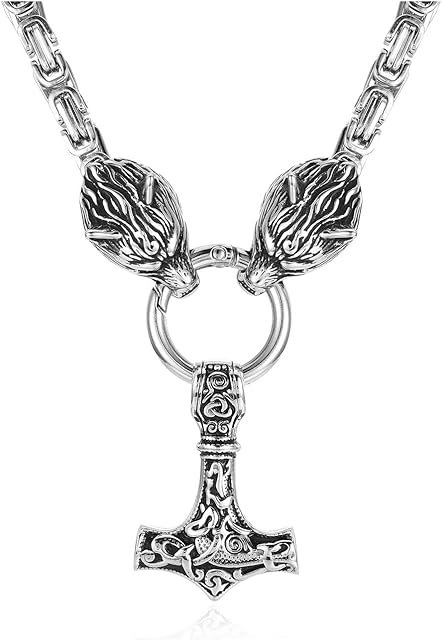 PiercingJak Men's Necklace Norse Viking Necklace Stainless Steel Thor's Hammer Mjolnir Norse Pendant Nordic Viking Runes Amulet Necklaces Chain Talisman Jewellery for Men