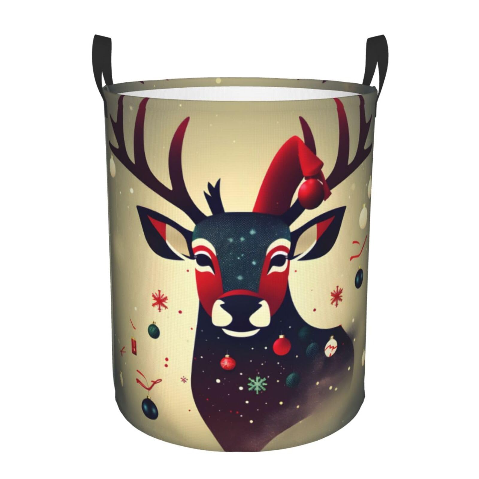 M Collapsible Laundry Hamper Round Christmas Deer Picture Print Storage
