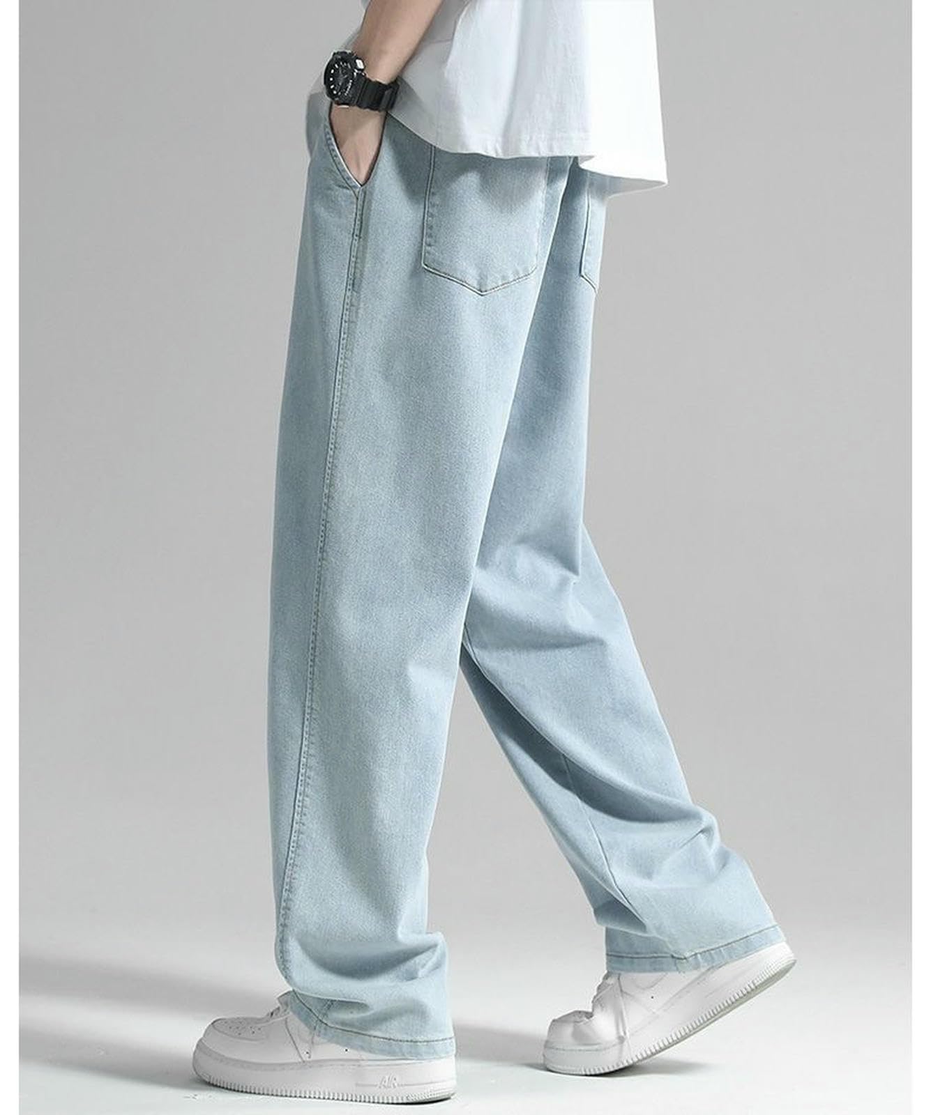 Dżinsy z otworami retro dżinsy męskie na lato, cienkie, luźne, proste, uniwersalne trendy, szerokie nogawki, do noszenia na co dzień, jasnoniebieskie, XL