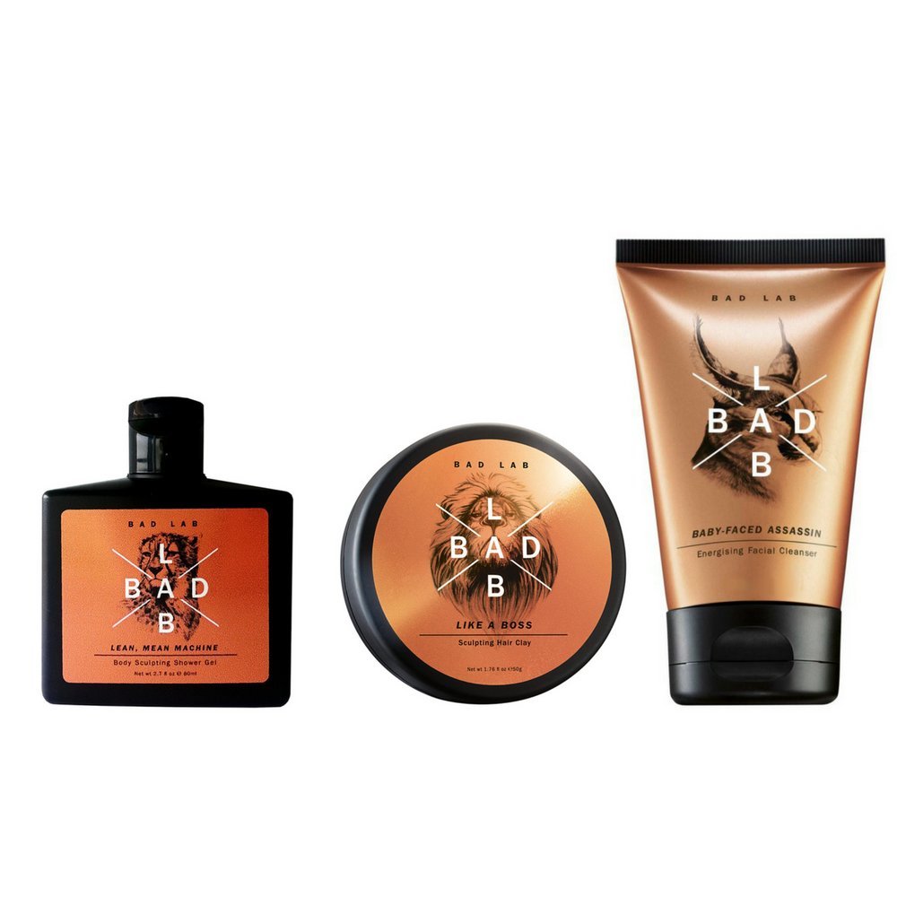 Bad Lab Christmas Gift Set Sculpting Cool Shower Gel (2.7 oz), Facial Cleanser (1.7 oz), Hair Clay (1.76 oz), Mens Bath Sets