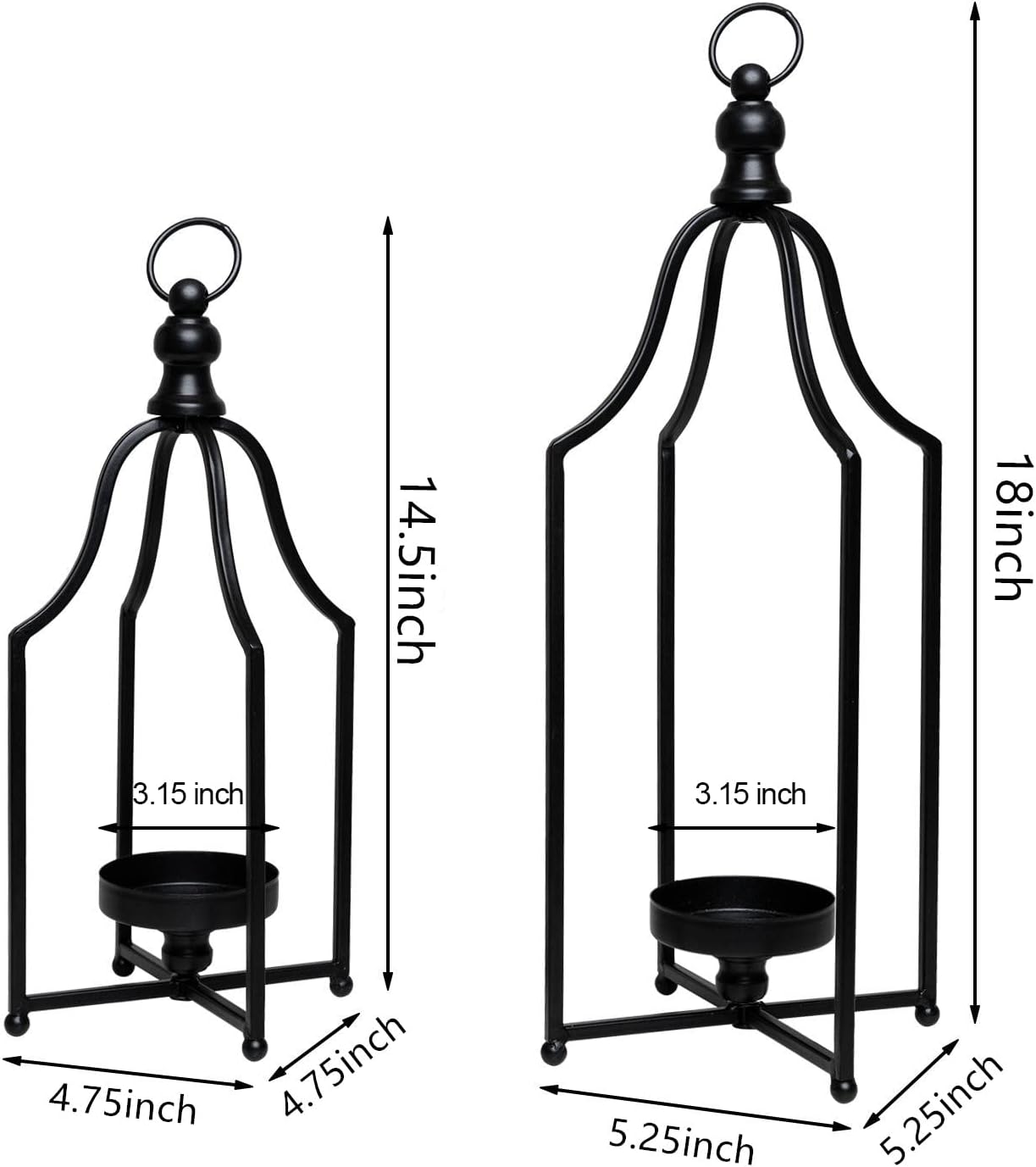 HPC Decor Lanterns Decorative for Home Decor- 18'' 14.5'' Black Metal Candle Lanterns Set of 2- Modern Farmhouse Lantern Decor for Outdoor, Indoor, Living Room, Dining Table or Fireplace Mantle Decor