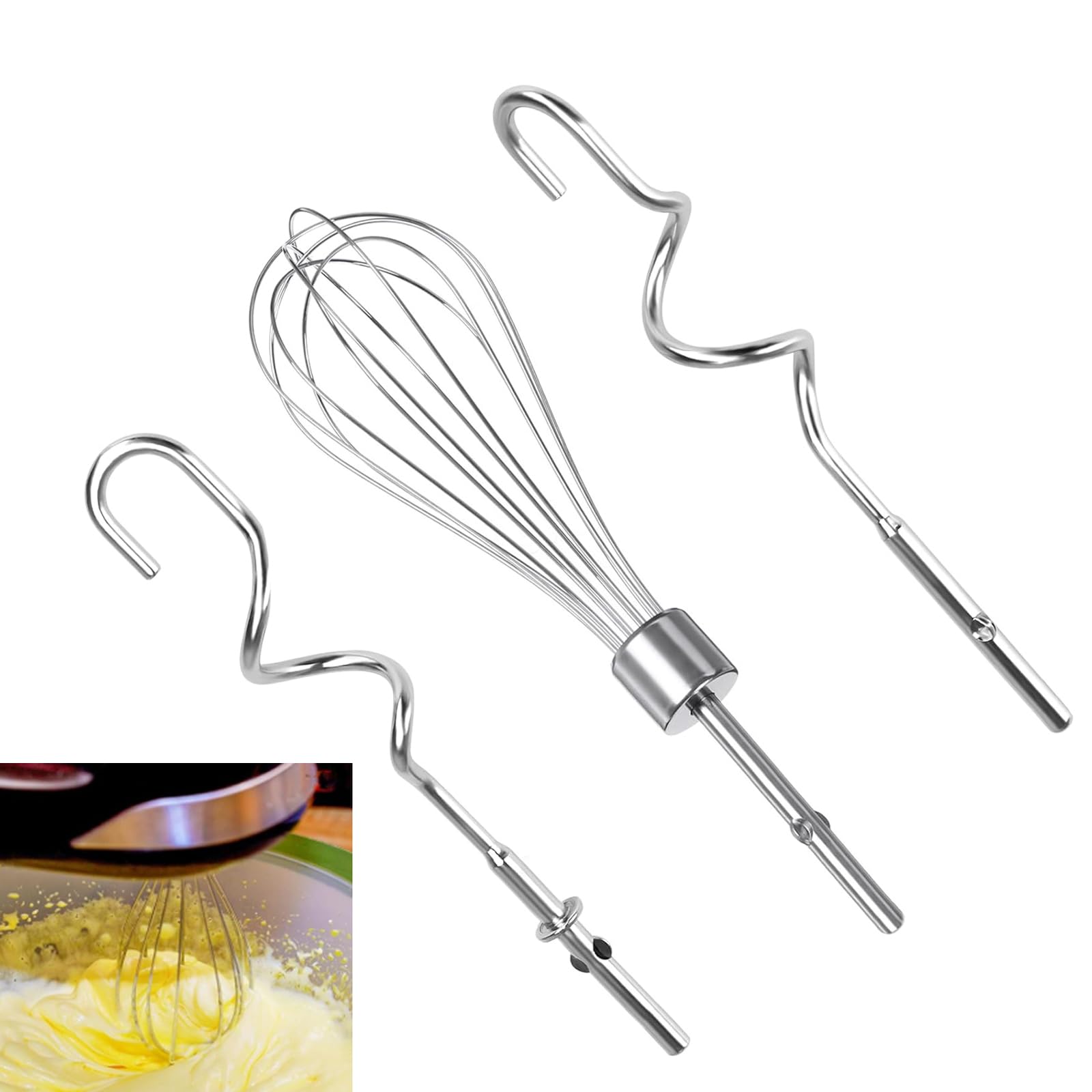Stainless Steel Mixer Attachments Set - Includes Beaters, Dough Hooks & Whisk for KitchenAid & Hand Mixers - Ideal Kitchen Accessory for Effortless Mixing, Blending and Whisking - 3 Piece Set