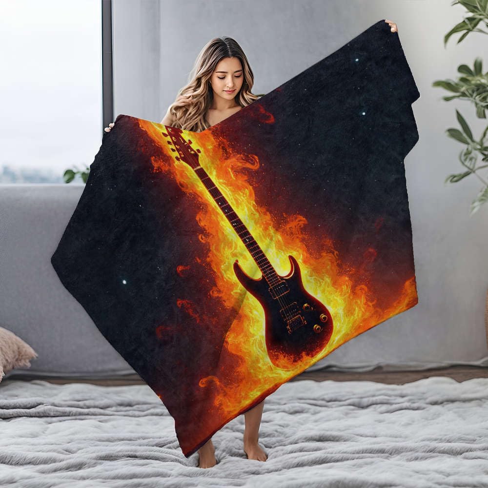 Couverture flanelle guitare flamboyante grand plaid lit 125x150cm ciel étoilé