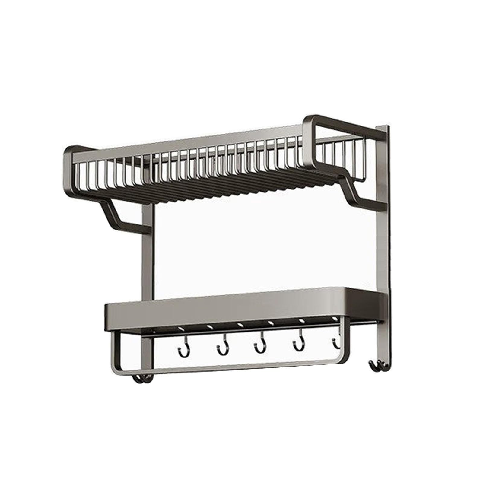 Portasciugamani a 2 ripiani, mensola portasciugamani da parete con ganci mobili, realizzato in alluminio spaziale, per soggiorno, balcone, bagno (L-57 cm)